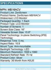 ASUS MB16ACV ZenScreen 16" Class LCD Monitor - 16:9 - Silver
