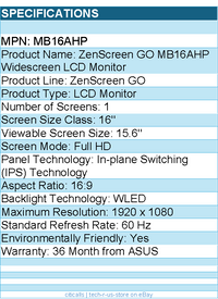 ASUS MB16AHP ZenScreen GO 16" Class Full HD LCD Monitor - 16:9 - Black, Gray