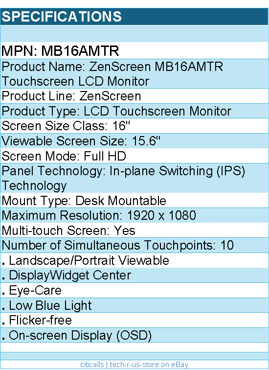 ASUS MB16AMTR ZenScreen 16" Class LCD Touchscreen Monitor - Full HD