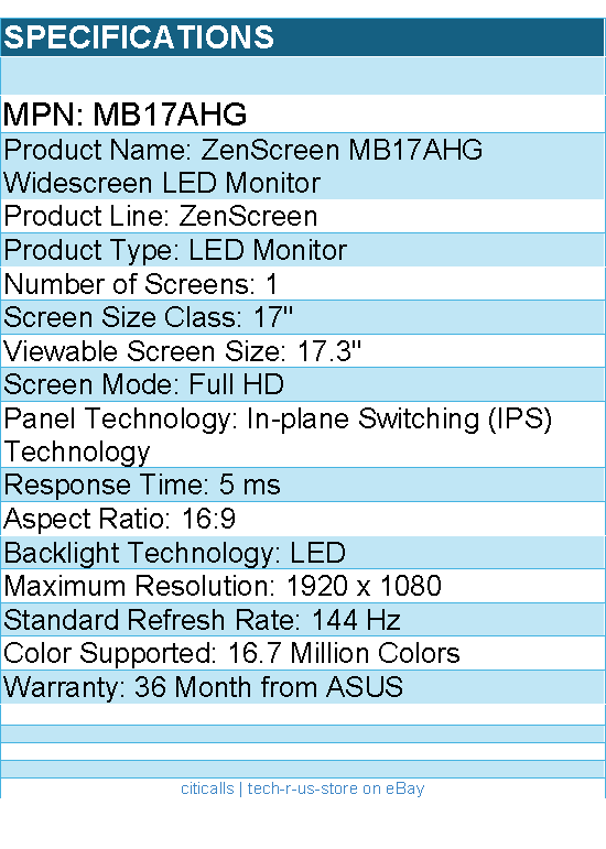 ASUS MB17AHG ZenScreen 17" Class Full HD LED Monitor - 16:9 - 1920 x 1080