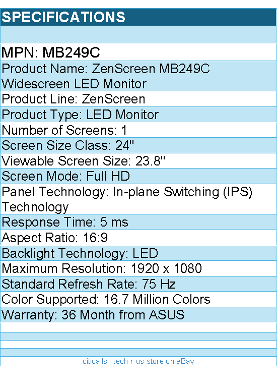 ASUS MB249C ZenScreen 24" Class Full HD LED Monitor - 16:9 - Black