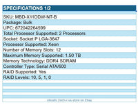 Supermicro MBD-X11DDW-NT-B Int C622 P LGA3647 Server Motherboard 12xDDR4 10G-Eth