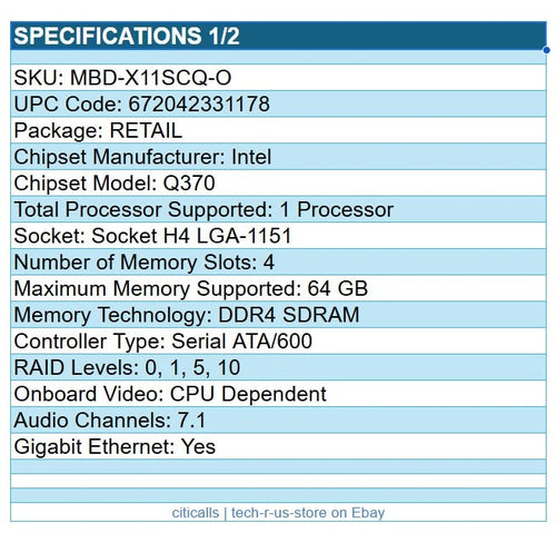Supermicro MBD-X11SCQ-O Intel Q370 H4 LGA1151 Desktop 4x DDR4 6x SATA RAID G-ETH