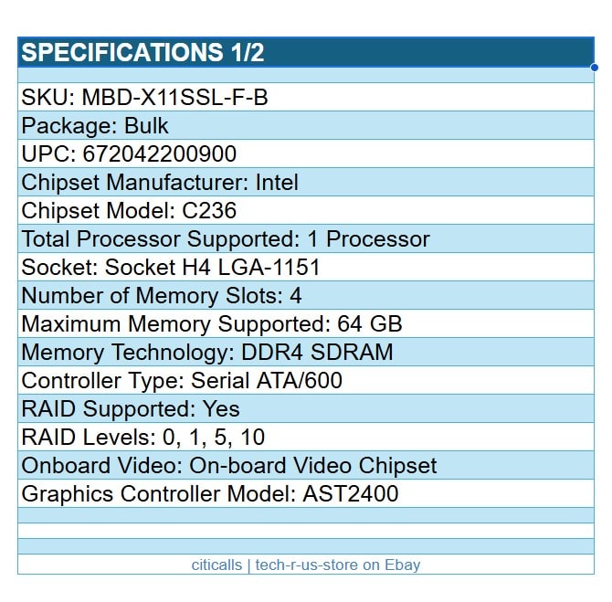 Supermicro MBD-X11SSL-F-B Intel C236 H4 LGA1151 Server Motherboard 4x DDR4 G-ETH
