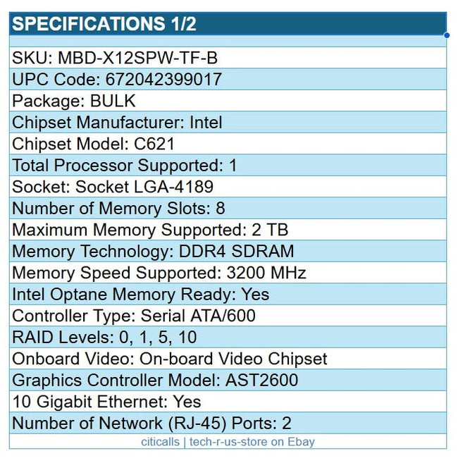 Supermicro MBD-X12SPW-TF-B Intel C621 LGA4189 Workstat 8x DDR4 10x SATA 10G-ETH