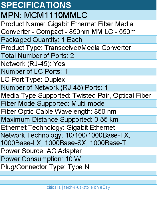 StarTech MCM1110MMLC Gigabit Ethernet Fiber Media Converter