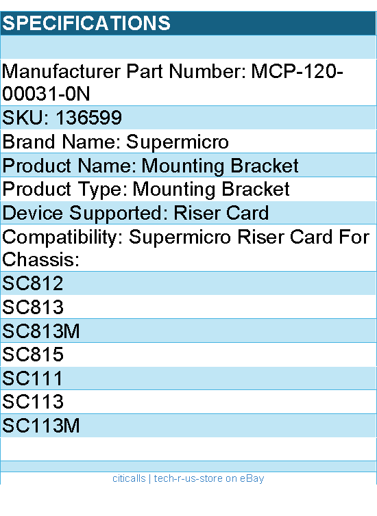 Supermicro MCP-120-00031-0N Bracket for Riser Card with SC812, 813, 813M