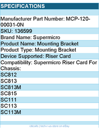 Supermicro MCP-120-00031-0N Bracket for Riser Card with SC812, 813, 813M