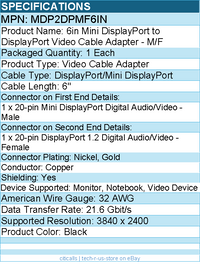 StarTech MDP2DPMF6IN Mini DisplayPort to DisplayPort Adapter, 4K x 2K Video