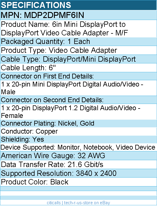 StarTech MDP2DPMF6IN Mini DisplayPort to DisplayPort Adapter, 4K x 2K Video
