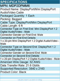 StarTech MDP2DPMM6 6 ft Mini DisplayPort to DisplayPort 1.2 Adapter Cable