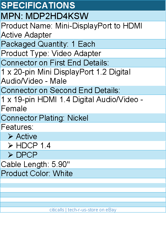 StarTech MDP2HD4KSW Mini DisplayPort to Video Adapter, Active Mini DP