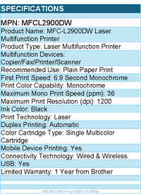 Brother MFCL2900DW Wired & Wireless Laser Multifunction Printer - Monochrome