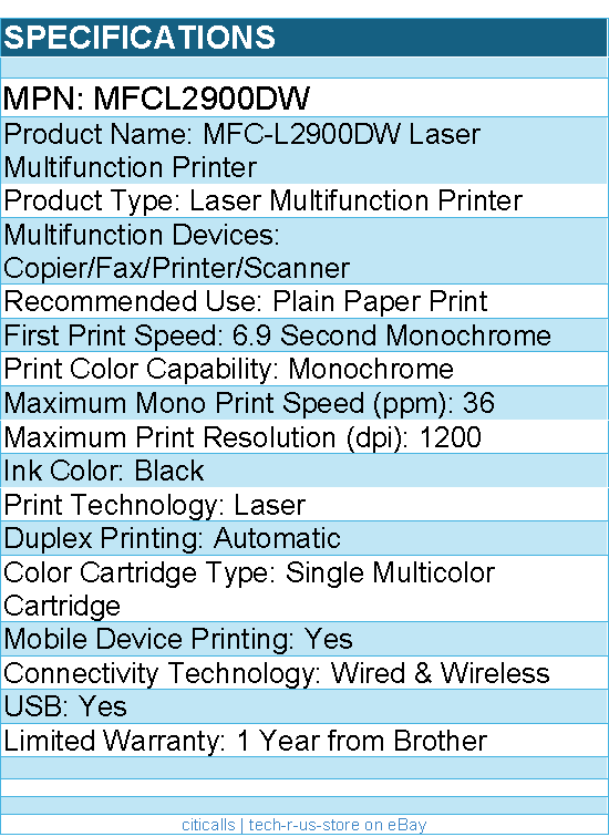 Brother MFCL2900DW Wired & Wireless Laser Multifunction Printer - Monochrome