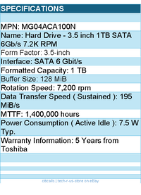 Toshiba MG04ACA100N Hard Drive - 3.5 1TB SATA 6Gb s 7.2K RPM 128M 512N Bare