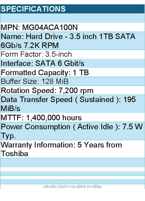 Toshiba MG04ACA100N Hard Drive - 3.5 1TB SATA 6Gb s 7.2K RPM 128M 512N Bare