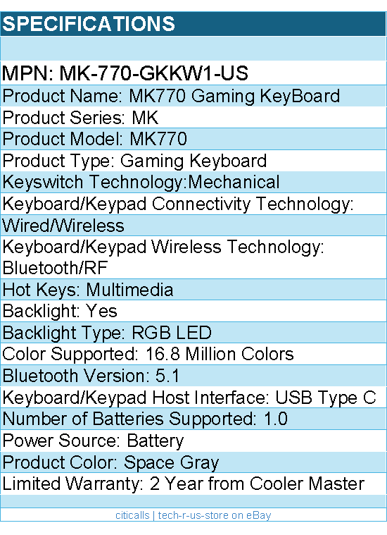 Cooler Master MK-770-GKKW1-US MK770 Gaming KeyBoard - Wired/Wireless
