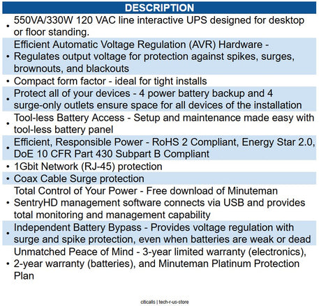 MINUTEMAN UPS MM-ETR550LG ENTRUST LG SERIES 550VA 330W