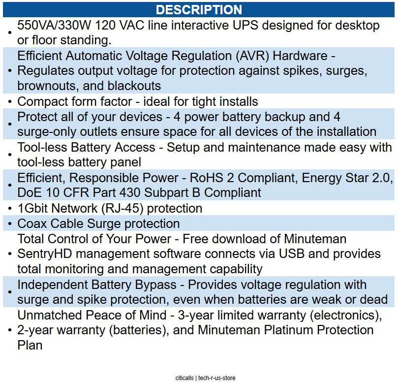 MINUTEMAN UPS MM-ETR550LG ENTRUST LG SERIES 550VA 330W