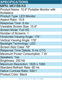 Codi MO156-KS 15.6"" Portable Full HD Monitor with Kickstand & Power Delivery
