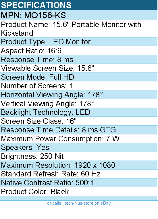 Codi MO156-KS 15.6"" Portable Full HD Monitor with Kickstand & Power Delivery