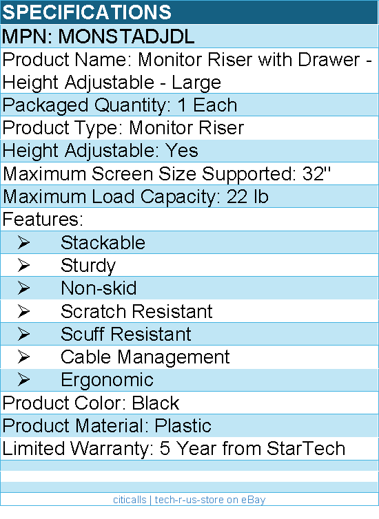 StarTech MONSTADJDL Adjustable Monitor Riser, Large, Drawer, Monitors up to 32"