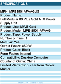 Cooler Master MPE8501AFAAGUS Full Modular 80 Plus Gold ATX Power Supply Unit