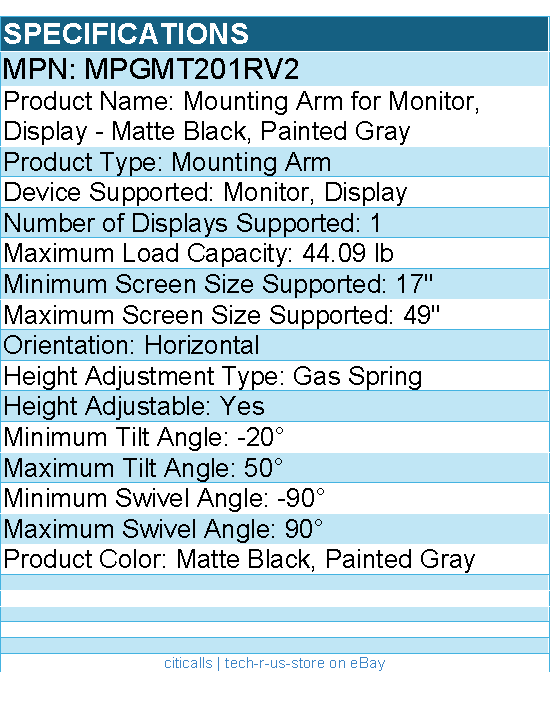 MSI MPGMT201RV2 Mounting Arm for Monitor, Display - Matte Black, Painted Gray