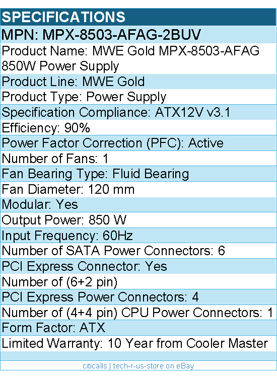Cooler Master MPX-8503-AFAG-2BUV MWE Gold MPX-8503-AFAG 850W Power Supply