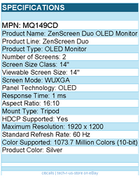 ASUS MQ149CD ZenScreen Duo 14" Class WUXGA OLED Monitor - 16:10 - Silver