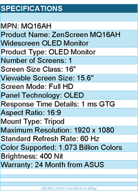 ASUS MQ16AH  ZenScreen 16" Class Full HD OLED Monitor - 16:9 - 1920 x 1080