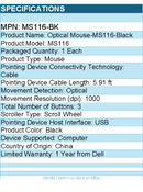 Dell MS116-BK Mouse - Optical - Cable - Black - USB - 1000 dpi - Scroll Wheel