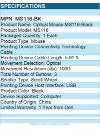 Dell MS116-BK Mouse - Optical - Cable - Black - USB - 1000 dpi - Scroll Wheel