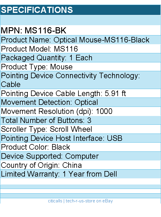 Dell MS116-BK Mouse - Optical - Cable - Black - USB - 1000 dpi - Scroll Wheel