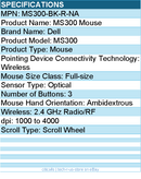 Dell MS300-BK-R-NA MS300 Mouse - Full-size - Scroll Wheel - Wireless - Black