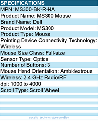 Dell MS300-BK-R-NA MS300 Mouse - Full-size - Scroll Wheel - Wireless - Black