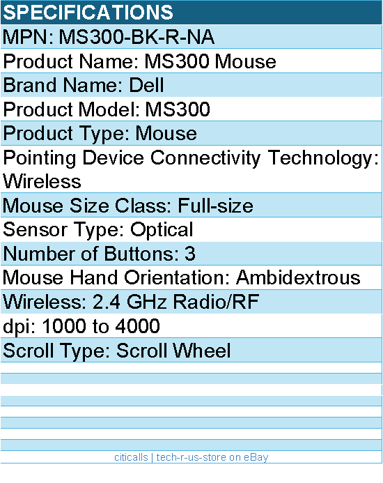 Dell MS300-BK-R-NA MS300 Mouse - Full-size - Scroll Wheel - Wireless - Black