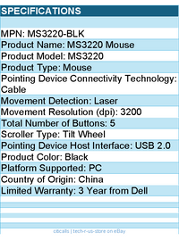 Dell MS3220-BLK MS3220 Mouse - Laser - Cable - USB 2.0 - 3200 dpi - Black