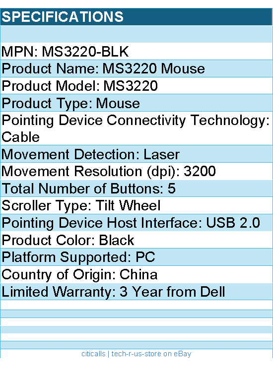 Dell MS3220-BLK MS3220 Mouse - Laser - Cable - USB 2.0 - 3200 dpi - Black