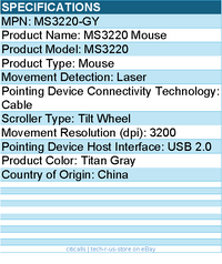 Dell MS3220-GY MS3220 Mouse - Laser - Cable - USB 2.0 - 3200 dpi - Titan Gray