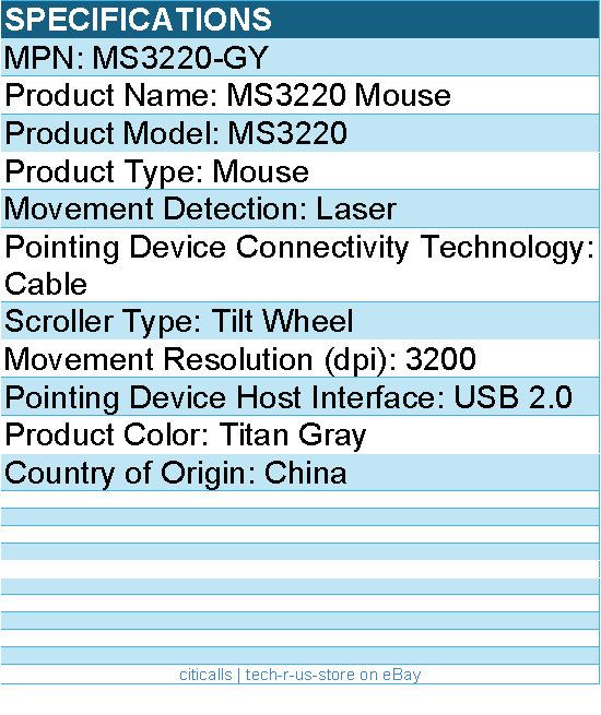 Dell MS3220-GY MS3220 Mouse - Laser - Cable - USB 2.0 - 3200 dpi - Titan Gray