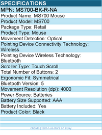 Dell MS700-BK-R-NA MS700 Mouse - Optical - Wireless - Bluetooth - 4000 dpi