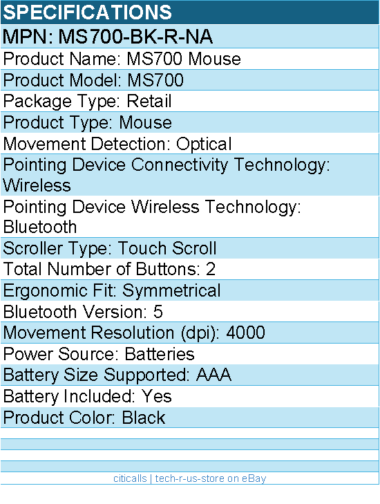 Dell MS700-BK-R-NA MS700 Mouse - Optical - Wireless - Bluetooth - 4000 dpi