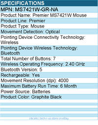 Dell MS7421W-GR-NA Premier Mouse - Optical - Wireless - Bluetooth - 2.40 GHz