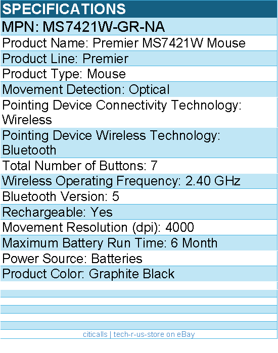 Dell MS7421W-GR-NA Premier Mouse - Optical - Wireless - Bluetooth - 2.40 GHz