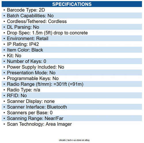 Unitech MS822-2UBU02-5G MS822, 2D SR Imager, USB Bluetooth Type C, No Power