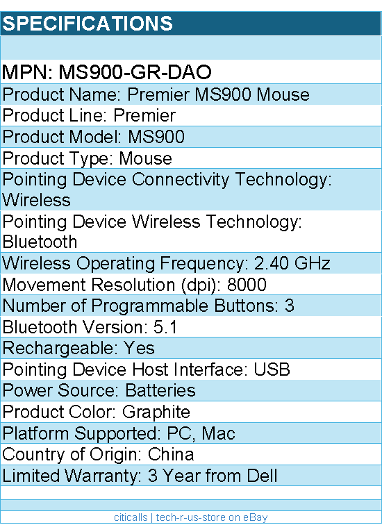 Dell MS900-GR-DAO Premier MS900 Mouse - Wireless - Bluetooth - 2.40 GHz