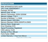 Micron MTA9ASF2G72PZ-3G2R 16GB DDR4-3200/PC4-25600 CL22 ECC Reg 288-PIN RAM MEM