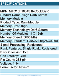 Micron MTC10F1084S1RC56BD2R Memory - 16GB DDR5 5600Mhz RDIMM 1Rx8 Retail