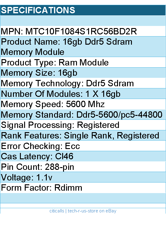 Micron MTC10F1084S1RC56BD2R Memory - 16GB DDR5 5600Mhz RDIMM 1Rx8 Retail